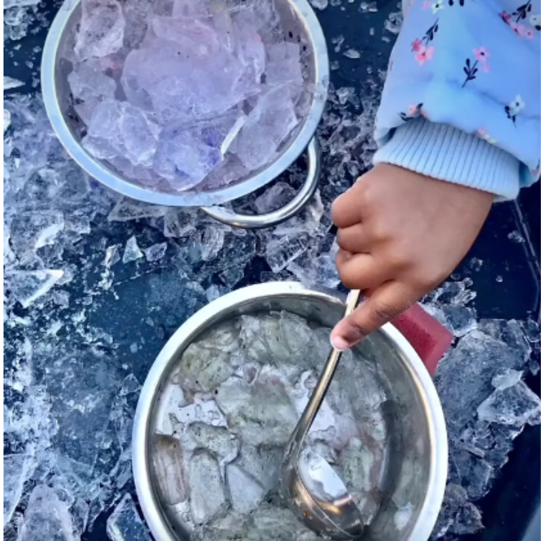 more ice experiments - outdoor play with kitchen equipment